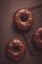 Donuts with cocoa, in chocolate glaze, top view, no people