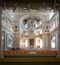 Chancel with the two-storey organ, baroque church, baroque castle church of St Trinitatis at