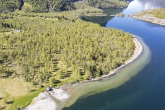 Aerial view of lake Lovatnet (or: Loenvatnet), sandy beach and birch forest, valley Lodalen south