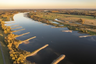 Aerial view of river Elbe at sunset, between Wittenberge and Havelberg, Germany, Europe