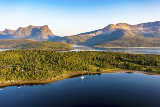 Aerial view over the fjord Efjord south of Narvik, seen at sunset, leisure boats anchor, holiday