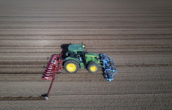 Sugar beet being sown in spring, precision sowing with precision seed drill, behind a tractor,