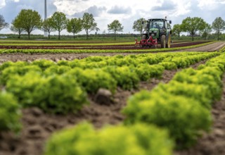 Agriculture, lettuce growing in a field, Lollo Bionda and Lollo Rossa, in long rows of plants,