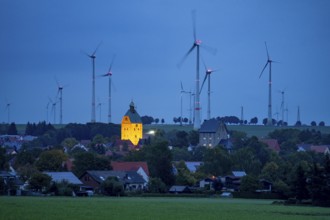 Wind farm above the village of Lichtenau, self-proclaimed energy town, houses with photovoltaic