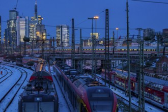 Railway tracks in front of the main station of Frankfurt am Main, ICE train, skyline of the