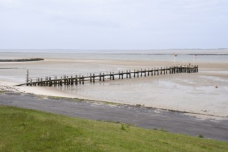 Pier at low tide, wooden jetty, Utersum, Föhr, North Sea island, North Frisia, Schleswig-Holstein,