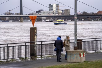 Water police boat, flooding of the Rhine near Düsseldorf, North Rhine-Westphalia, Germany, Europe