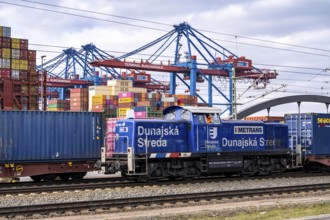 Port of Hamburg, Waltershofer Hafen, container ships, goods train brings and collects freight