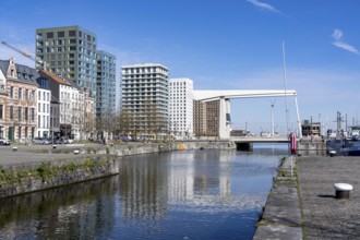 Kattendijkdok, harbour basin, with Lodenbrug bridge, old harbour district, Het Eilandje of Antwerp,