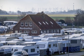 Campsite, pitch for caravans and motorhomes on the North Sea dyke, in Neuharlingersiel, Lower