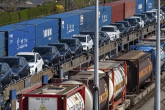 Duisburg-Rheinhausen freight station, at the Logport harbour area, goods trains loaded with new