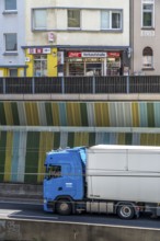 Motorway A40, Ruhrschnellweg, in the through road in Essen, noise barrier, drinking hall, kiosk