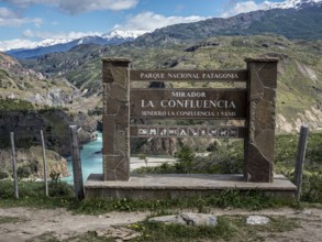 Confluence of river Rio Baker and Rio Chacabuco, information board at viewpoint, Patagonia, Chile,