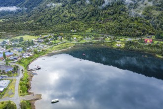 Top-down shot of center of village Puyuhuapi, Patagonia, Chile, South America