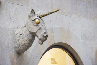 Unicorn bust, stone sculpture, shop in the old town centre of Bamberg, Upper Franconia, Bavaria,