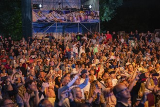 Large crowd at night concert with stage and welcome banner in the background, Klostersommer, Calw