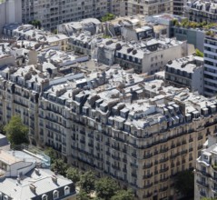 Typical Parisian roofs and buildings in a dense urban environment, Paris