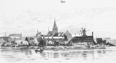 City view of Kiel, Kiel Fjord, St Nicolai Church, Old Town, windmill, boat, Schleswig-Holstein,