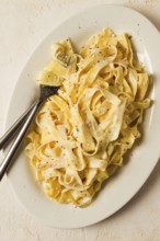 Fettuccine, tagliatelle, in creamy garlic sauce, Italian traditional cuisine, pasta carbonaro