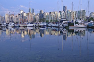 Boats in the harbour with glass facades of skyscrapers reflected in the water, Stanley Park,