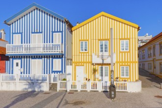 Traditional wooden striped houses, Costa Nova do Prado, Aveiro, Portugal, Europe