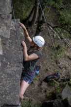 Ketterin rock climbing, woman climbing toprope, sport climbing, climbing garden Bad Heilbrunn