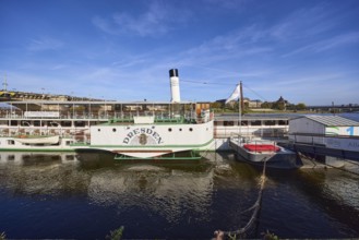 Excursion boat passenger steamer Dresden, WEIßE FLOTTE SACHSEN GmbH, river Elbe, reflections on the