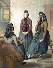 Traditional costumes in Germany around 1820, Rhine Province Prussia, Wetzlar, Three woman in