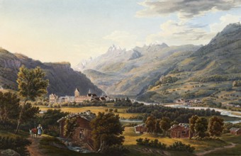 View of Ilanz, the first town on the banks of the Rhine, Graubünden, Switzerland, view from around