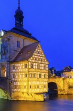 Upper Bridge, Old Town Hall, Regnitz, historic old town, Blue Hour, Bamberg, Lower Franconia,