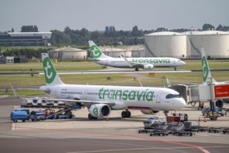 Amsterdam Schiphol Airport, Transavia aircraft taking off on the Aalsmeerbaan runway, aircraft at