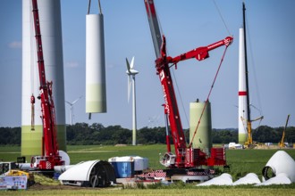 Repowering of a wind farm near Issum, here the dismantling of the tower, 9 older wind turbines from