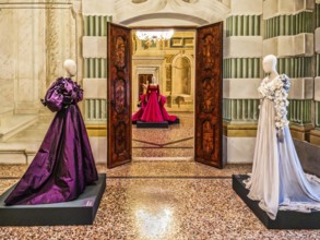 Exhibition of magnificent evening dress creations by fashion designer Roberto Capucci, 17th century