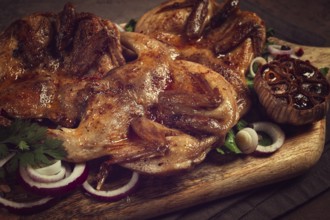 Fried, quail meat, tobacco (tapaka), with spices, homemade, no people