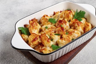 Baked cauliflower, in cream sauce, with cheese and spices, homemade, no people