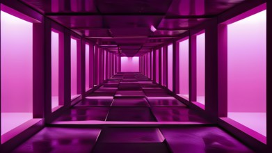 Windows aligned within an elongated tunnel permeated with gradients of magenta hues, AI generated