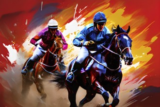 Illustration of dynamic equestrian mid action on a vibrant splash paint background, AI generated