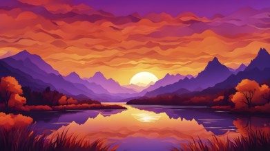 Abstract illustration of a sunset in a mountain landscape with a lake in vivid and vibrant colors,