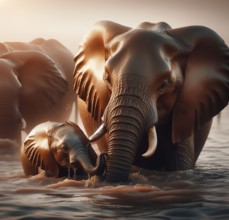 African elephant (Elephas maximus), young animal and elephant cow bathing in a river, AI generated,