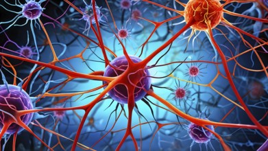 Abstract microscopic view on nerve cells intermingled with cancer cell, AI generated