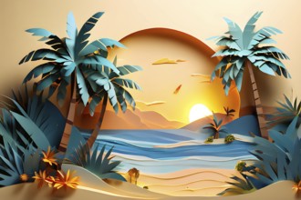 Minimalistic paper art illustration of a tropical beach with blue ocean and palm trees, AI