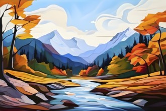 Abstract canvas illustration of a serene nature hike scenery with majestic mountains, AI generated