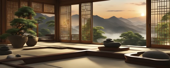 Zen garden bathed in the soft glow of dawn as a serene symbol for relaxation, AI generated