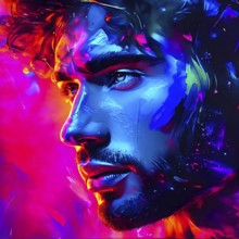 AI generated abstract digital painting of a mans face in vibrant neon colors