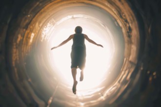 A young man floats through a tunnel into the light, symbolic image for near-death experience,