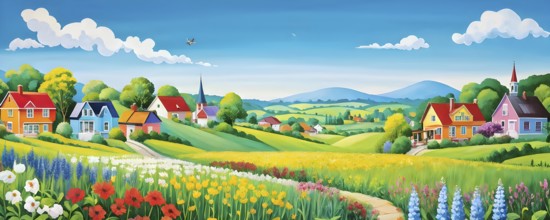 AI generated illustration of colorful countryside houses nestled in a spring or summer scenery with