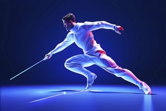 Abstract digital render of a fencer morphing into fluid shapes, AI generated, Paris, Paris, Olympic