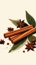 Abstract wallpaper illustration of Christmas spices like cinnamon sticks, star anise, and cloves,