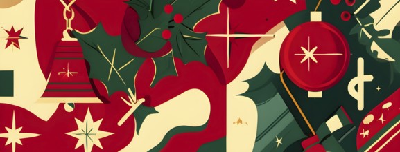 Abstract mix of traditional Christmas symbols arranged in a vibrant modern style, AI generated