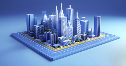 Three dimensional rendering of a model of a city with skyscrapers, AI generated